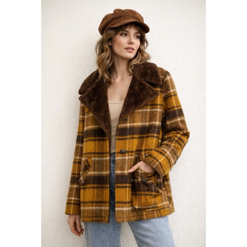 70s Sitlon Vintage Wool Shadow Plaid Coat Faux Fur Collar Brownโ Orange Unisex L